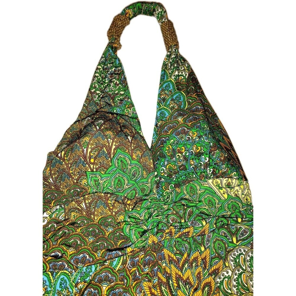 Cristinalove Peacock Paisley Halter Mini Dress Green Brown Boho Small - Picture 7 of 13